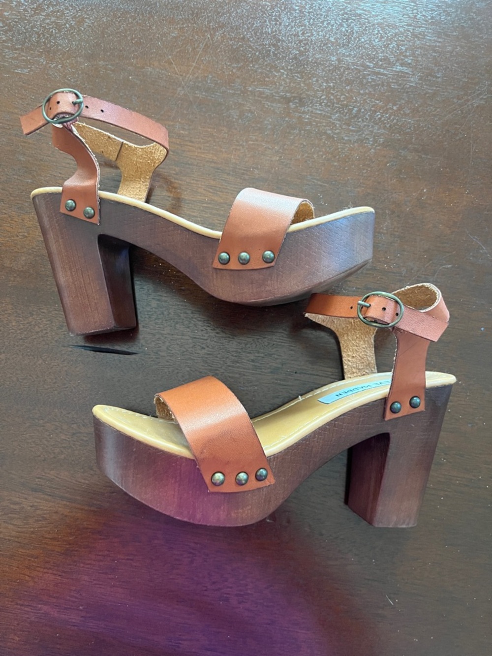 Steve Madden Brown Leather-Look Platform Sandals with Ankle Strap - Picture 3 of 8